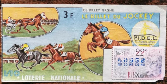 Billet de loterie nationale 1968 22e tr Gr2 - billet du JOCKET - Pascal - 3 frs