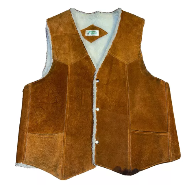 Vintage Men's Genuine Leather Fleece Sherpa Lined Vest Size Large