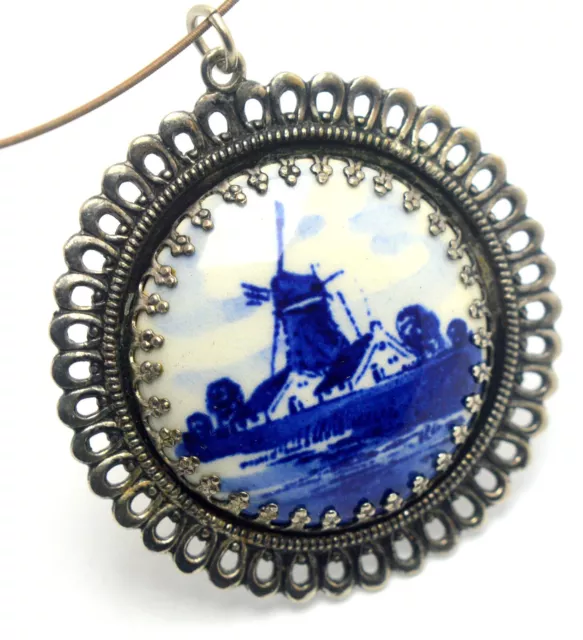 Vintage 925 Silver Netherlands Dutch Holland Windmill Porcelain Necklace Pendant