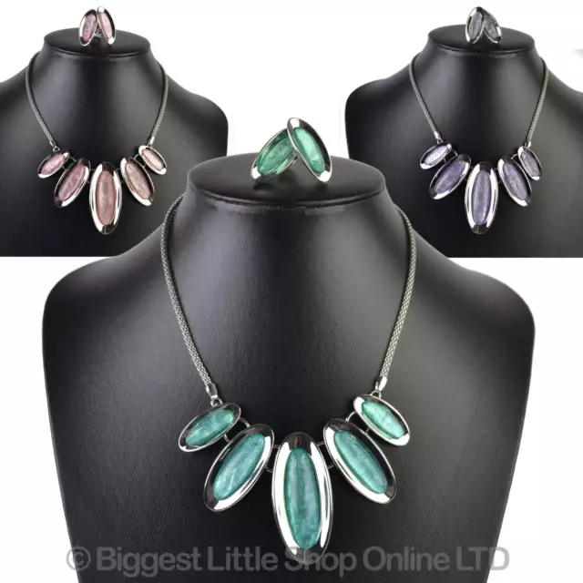 NEW Ladies Elegant Oval Pastel NECKLACE & Clip on EARRING Set Evening Summer