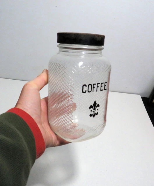 Vintage Anchor Hocking Glass Coffee Ribbed Jar Canister Black Metal Lid Hoosier
