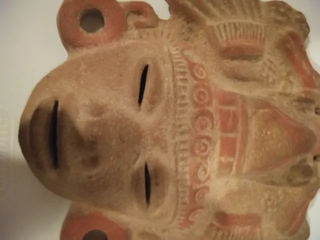 Vintage Aztec Mayan Mask, Terracotta Clay Wall Hanging, Mexican Folk Art, 6”x 5”