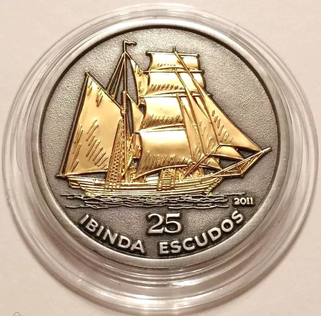 2011 Cabinda Angola 3D Silver Coin Sailing Ship Boat Gold Gilded 25 Escudos RARE