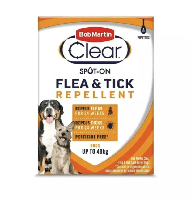 Bob Martin Clear Flea & Tick Repel Spot On 24 Weeks For Dogs Up To 40kg 6 Pipett