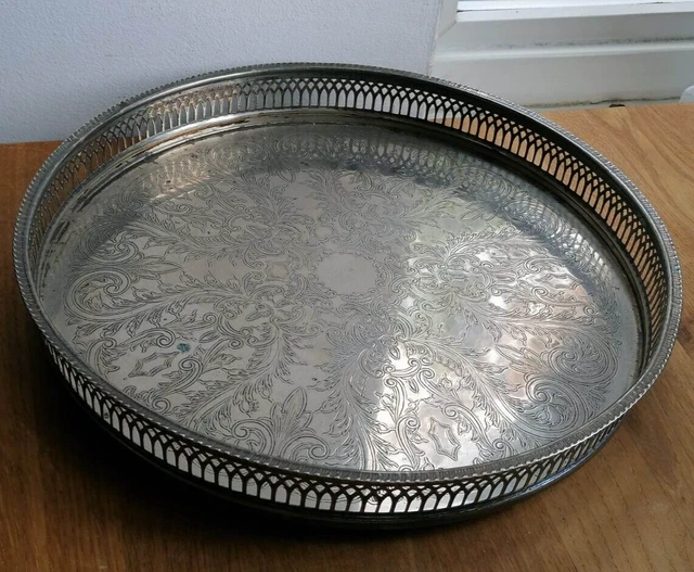 Vassoio per galea incisa piastra argento rotondo vintage 30,5 cm larghezza EA007