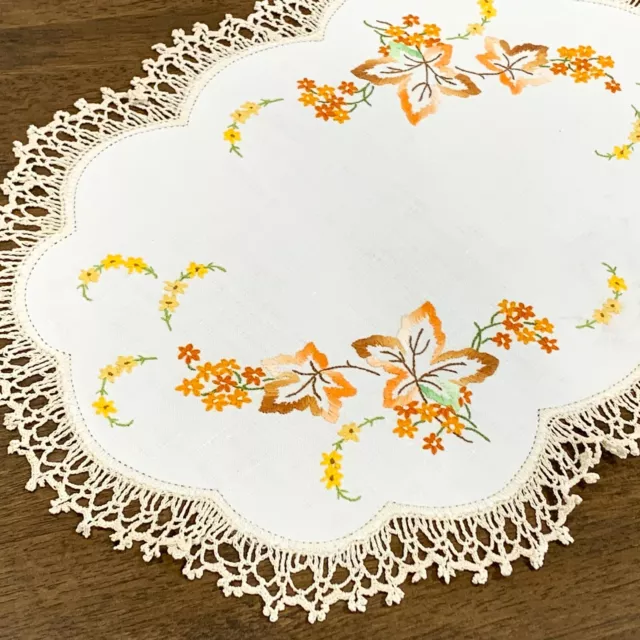 AUTUMN LEAVES -Hand Embroidered Cream Linen Oval DOILY 47x33cm (mark)