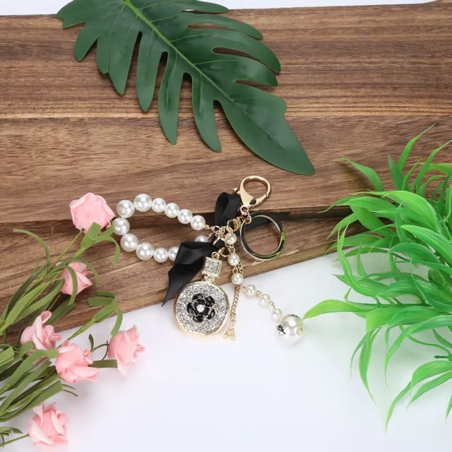 Keychain Alloy Bowknot Perfume Bottle Shape Pearl Pendant Key Chain Decor ◑