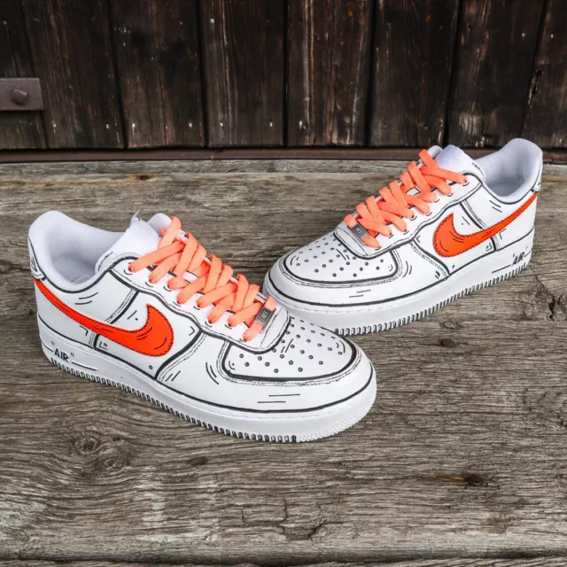 Nike Air Force 1 Cartoon Orange Laces 🍊 Zig Zag Custom White Shoes Sneakers Men