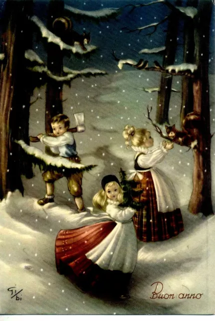 GINO BOCCASILE Bambini nel Bosco Magica Atmosfera Buon Anno PC Circa 1949