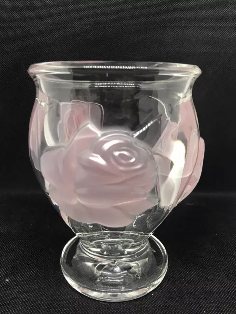 Teleflora France Crystal Raised Satin Pink Rose Vase 6” VTG Glass Heavy