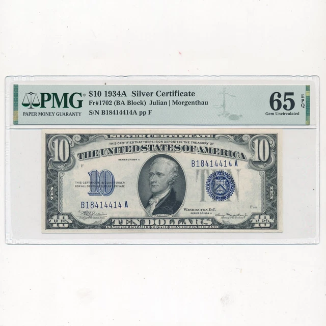 $10 1934A Silver Certificate Ten Dollars $10 - Pmg 65 Gem Uncirculated- Free S/H