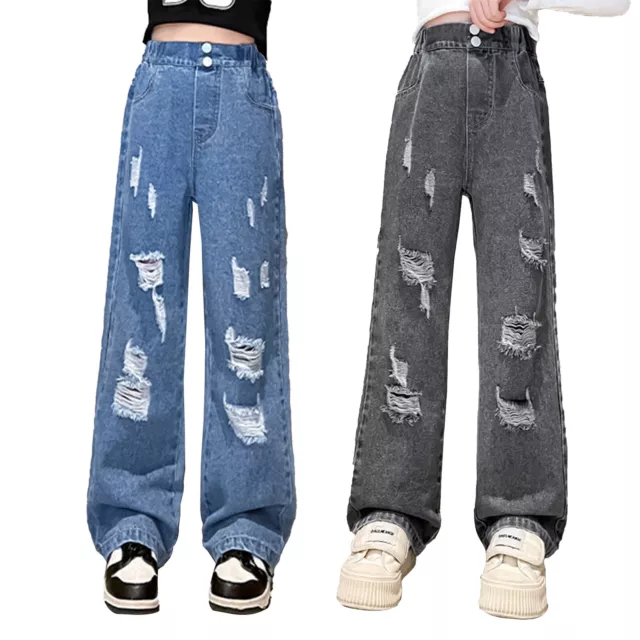 Kids Girls Casual Baggy Jeans Trousers Distressed Wide Leg Loose