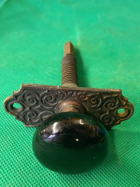 Antique Vtg Porcelain DoorKnob small black Brass ornate back plate closet (m7)