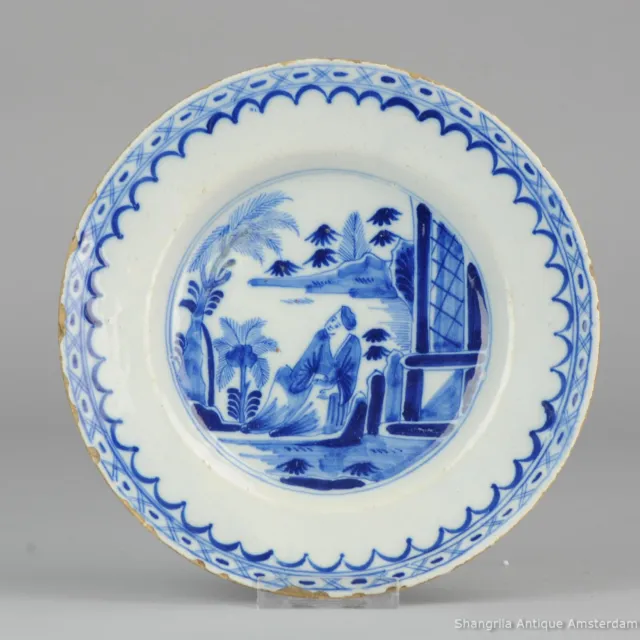 17C / 18c Dutch Delftware Plate after Chinese Porcelain Figure in Garden
