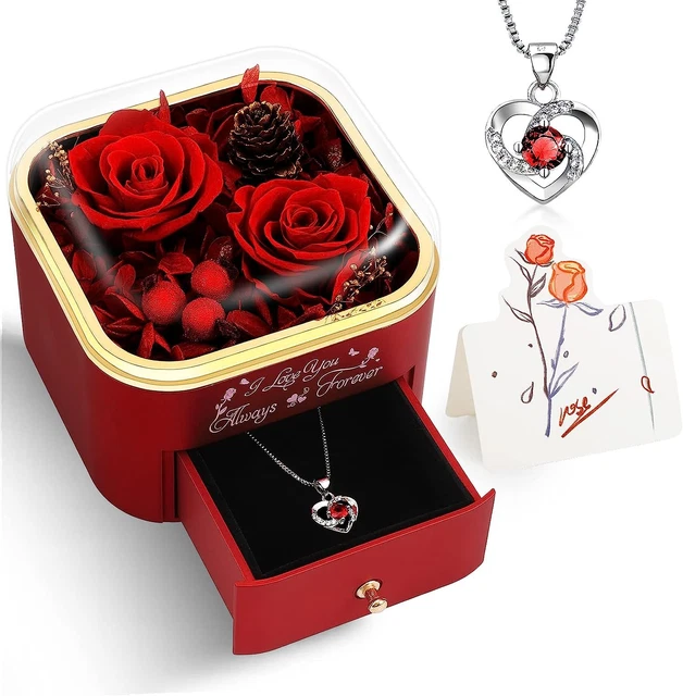 Preserved Red Real Roses with Necklace Gifts for Her - I Love You Gifts for Love