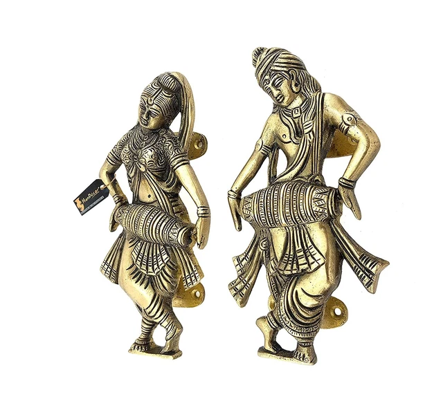 Radha Krishna Playing Dholak Handmade Brass Door Handle Pair Antique White 7''