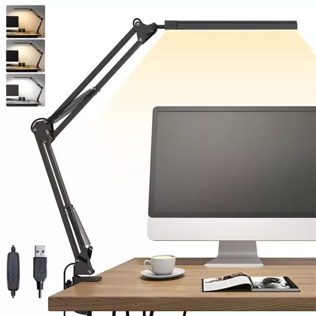 LED Desk Lamp Eye-Caring Adjustable Swing Arm Table Light with Clamp Dimmable