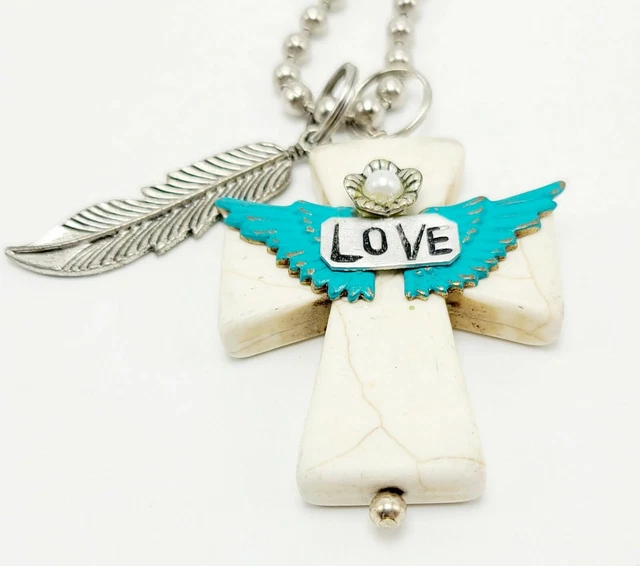 White Crackled Rock Cross Necklace Turquoise Wings Feather