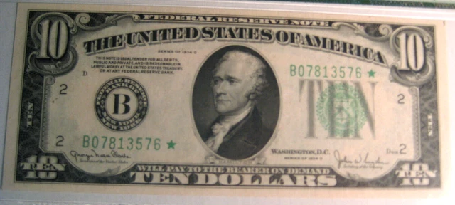 1934D $10 Federal Reserve Note New York Fr.# 2009-B Star Note Pmg Extra Fine40