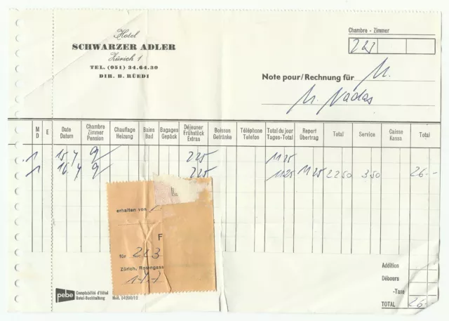 Hotel Schwarzer Adler Invoice, Paper Ephemera, Zurich Switzerland, 1950s