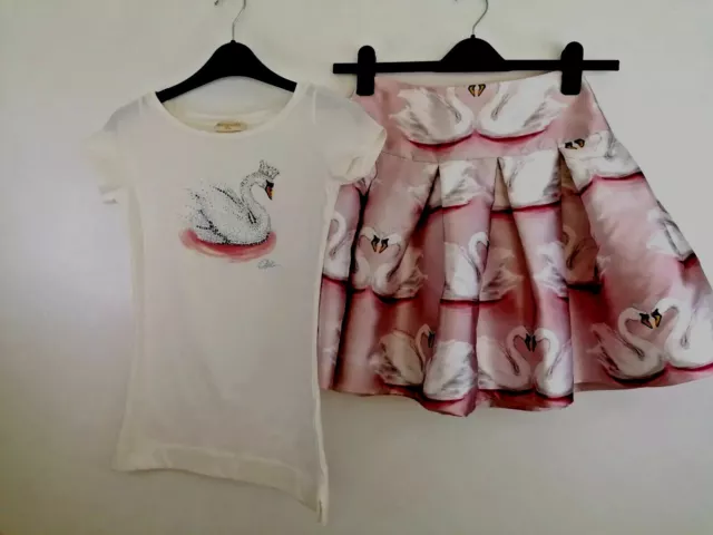 Monnalisa Gonna Top Donna Rosa Bianco Abito Età 12 Anni Paillettes Cigno Paillettes