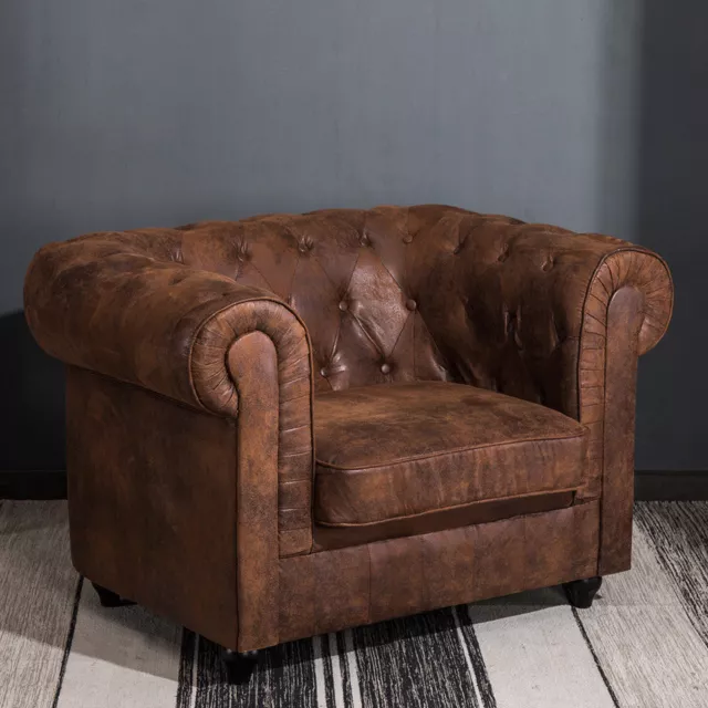 Distressed Tan Leather Fabric Chesterfield Armchair Button Tub Chair Club Chair