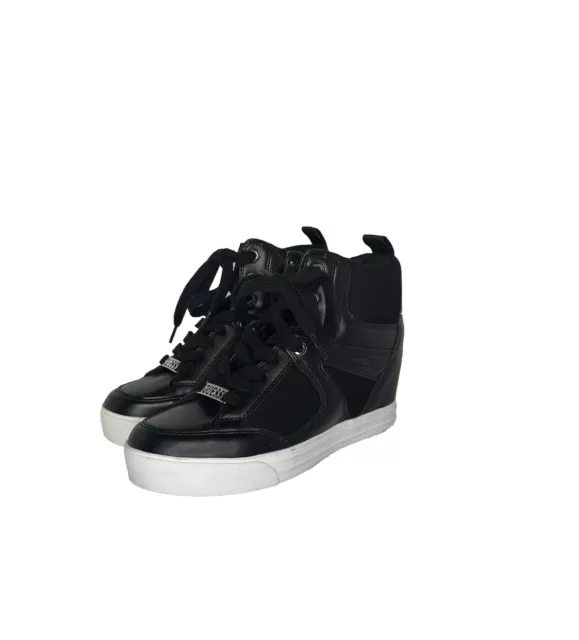 Guess Womens Black High Top Lace Up Fashion Wedge Sneakers Size 7M