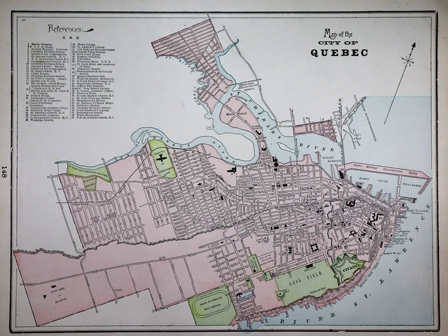 Old (11x14) 1899 Cram's Atlas Map ~ CITY of QUEBEC, CANADA ~ Free S&H ~Inv#505