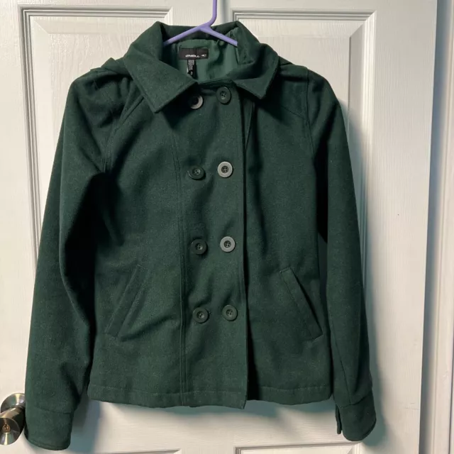 O’Neill Double Breasted Peacoat Green Jacket Sweater Button Up Front Down Hoodie