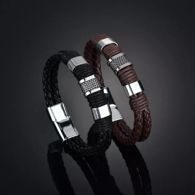 Bracelet à chaîne cubaine en cuir tressé noir et argent pour hommes, en...