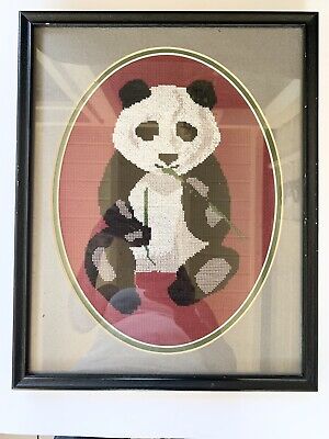 Trabajo con aguja Bordado Oso Panda Asiático Animal Enmarcado Vidrio Enmarañado 12 X 15 BONITO