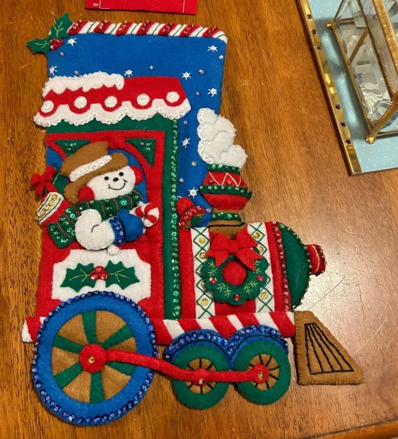 Complete Bucilla Felt Christmas Stocking  "All Aboard” Hand Stitched Train