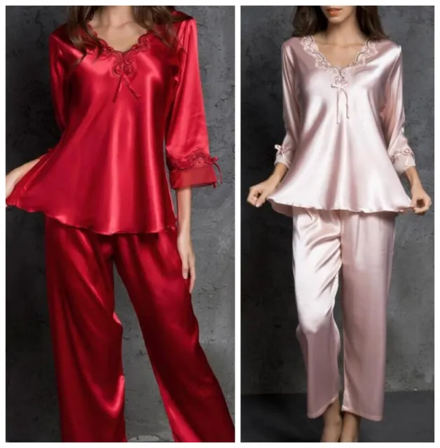 Women's Silk Satin Pajamas Casual Top Pyjamas Set Nightgown Sleepwear Homewear