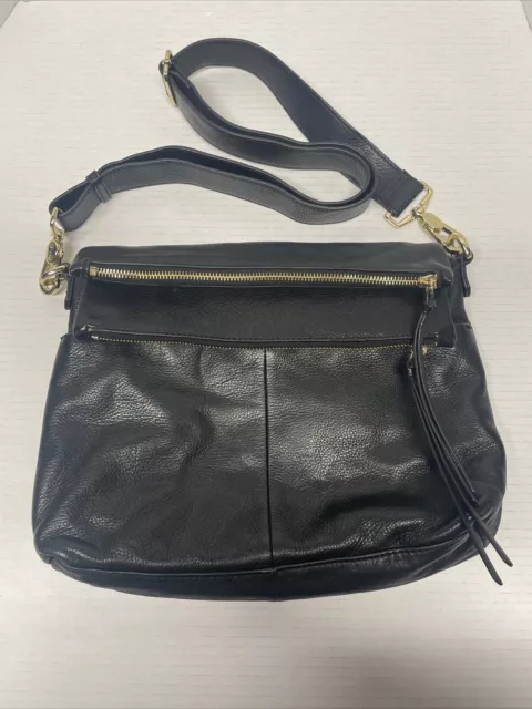Margot Womens Leather With Gold Accent Zip Crossbody Handbag Purse Black Medium
