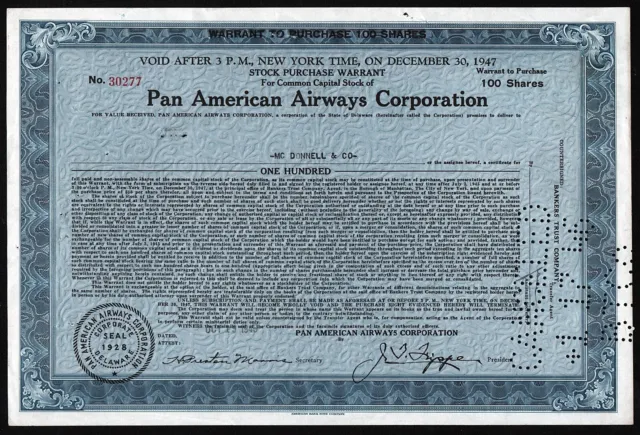 1945 New York: Pan American Airways Corporation - PanAm Warrant