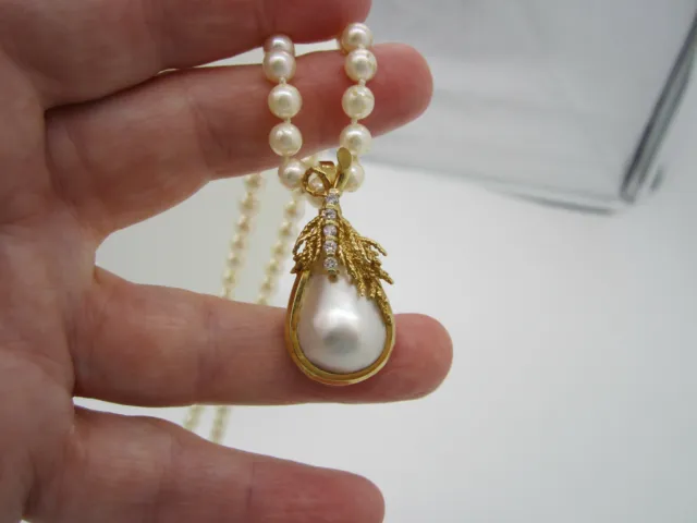 Estate Huge Vintage 14k Yellow Gold Mabe Pearl Diamond Teardrop Enhancer Neckace