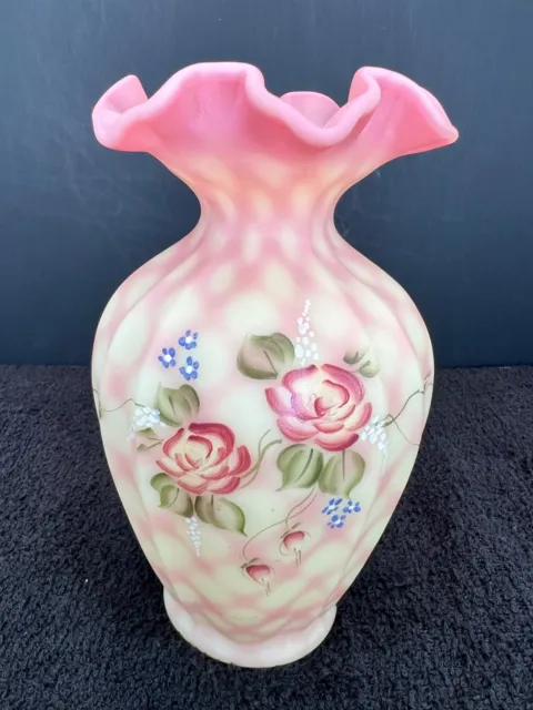 Fenton Burmese Diamond Optic Rose Ribbed Vase Hand Painted, Signed by Artist 7"