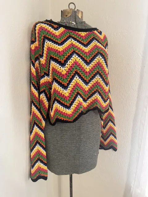 Zara Knit Crochet Cropped Multi Color Zig Zag Sweater Bell Sleeve