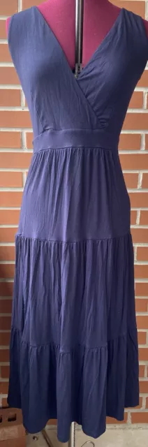 Women's Boden Sz 2R Jersey Maxi Dress Navy Blue Cinched Waist V-Neck Sleeveless