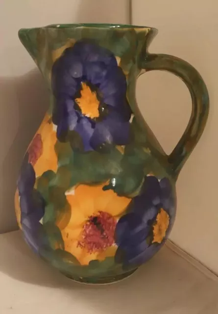 Portuguese Vintage  Jug Pitcher Vase Hand-thrown/Handpainted Floral Design 8.5"H