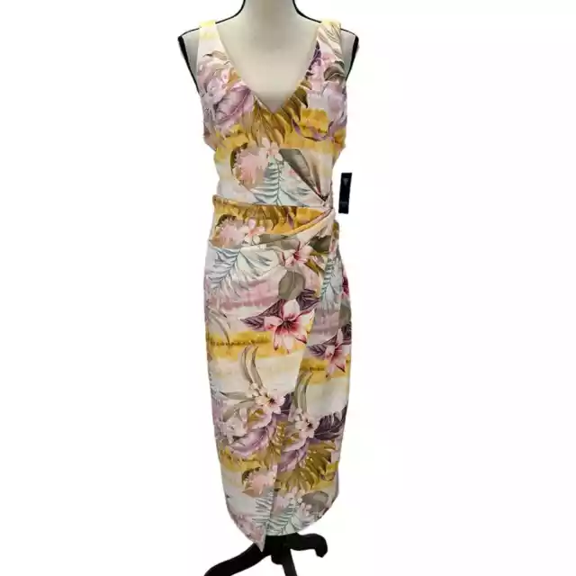 Guess Sleeveless V Neck Twist Front Floral Print Midi Dress - Pink Yellow - 16
