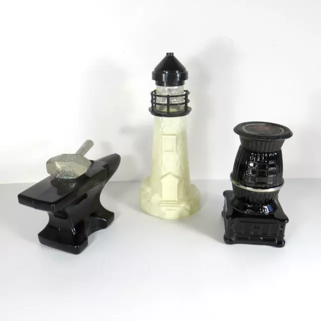 3 Decanter Bottles Avon Anvil Deep Woods Pot Belly Stove Old Spice Lighthouse