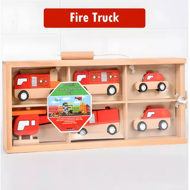 6Pcs Wooden Car Toys Set, Fire Brigade Rescue Vehicles with helicopter Toy