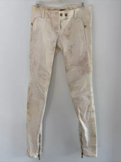 Balmain Ivory Printed Biker Embroidered Low Waist Skinny Jeans FR38