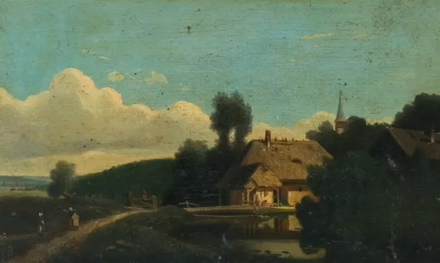 Pintura antigua original del siglo XIX Granja Normandía Paisaje Casa Personas