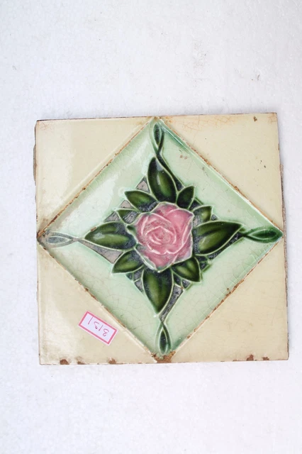 Antique Rose Flower Engrave Nouveau Art Majolica Ceramic Tiles Japan Made NH3131 5