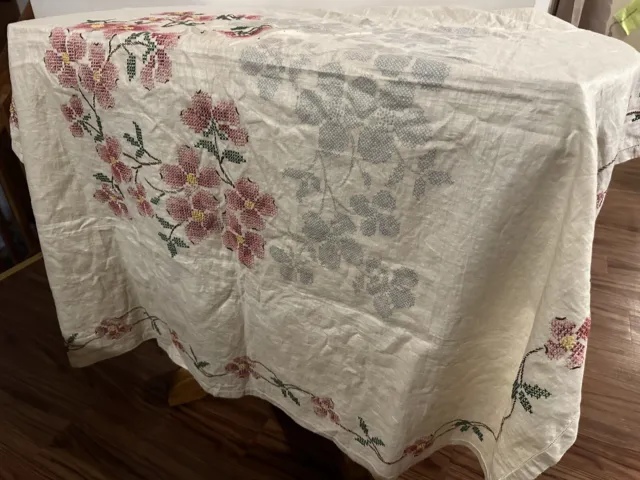 VTG Handmade 2-Tone Floral Cotton Embroidered Square Table Cloth Kitchen Linen