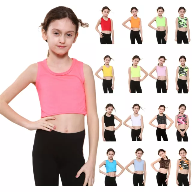 Girls Crop Top Vest Sleeveless Dance Camo Neon Belly Shirt kids Tee 5-14 Years