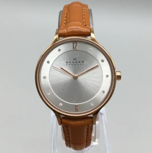 Skagen Anita Watch Women 30mm Rose Gold Tone Brown Leather Band New Battery