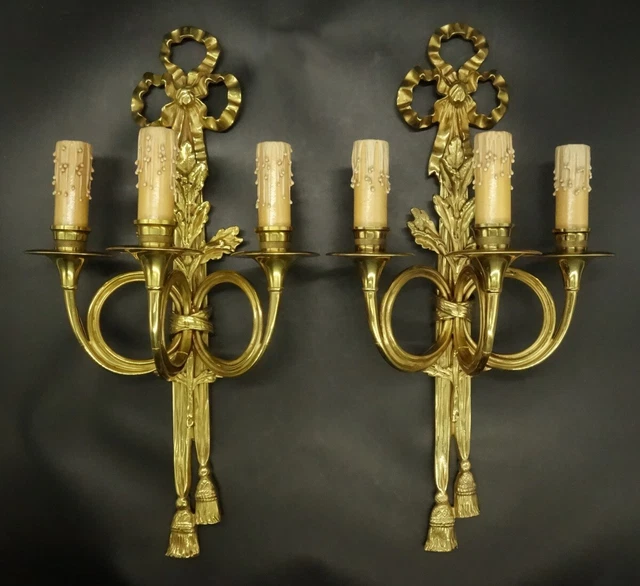 Large Pair Sconces Hunting Horn & Knot Louis Xvi Style - Bronze - French Antique